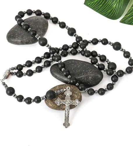 Vista 2 de Nazareth Store Rosario de cuentas de ágata negra, rosario de hombres católicos con cuentas naturales mate con piedras de hematita, medalla de suelo