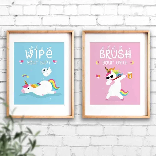 Vista 6 de Divertida decoración de baño de unicornio, bonitas pinturas de regalo para niños, cepillo de lavado, unicornio arco iris para niñas, impresiones