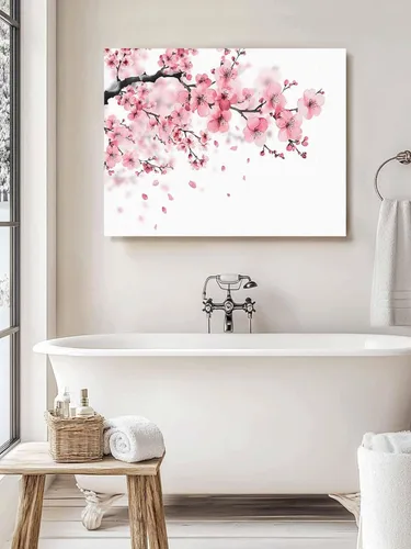 Vista 6 de T&H XHome Pintura al óleo de la lona de la decoración del arte de la pared del cuarto de baño, ilustración de la flor de cerezo rosa de la primavera