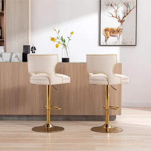 Vista 9 de ROCITY Juego de 2 taburetes de bar color beige con respaldo de piel sintética con base dorada, isla de cocina moderna ajustable para comedor, barra