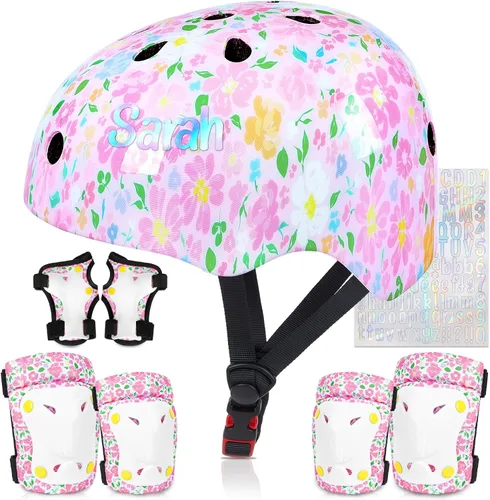 Vista 8 de Casco para niños, casco de bicicleta para niños pequeños con pegatinas DIY Unicornio, rodilleras y coderas ajustables, juego de protección para Rosa