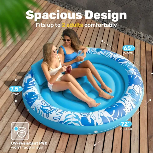 Vista 2 de SLOOSH Flotador inflable para piscina de bronceado, flotadores de piscina de 72 x 56 pulgadas para adultos con almohada, flotador redondo 4 en 1