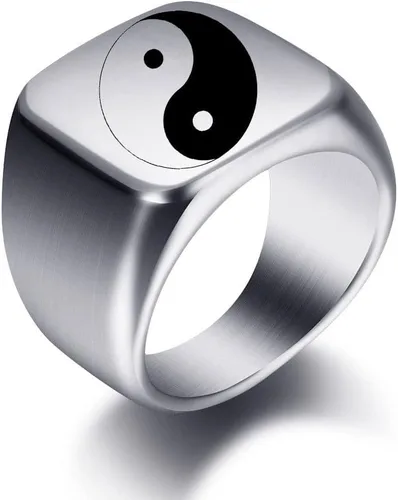 Vista 2 de Anillo de banda de Tai Chi Yin Yang de acero inoxidable Ba Gua Equilibrio Taoísmo Zen Spirit Talismán, Sello de religión, Banda gruesa