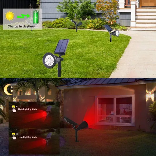 Vista 4 de Focos solares impermeables para exteriores, 4 luces LED para exteriores para patio, jardín, camino, focos de paisaje rojo y azul, luces LED solares