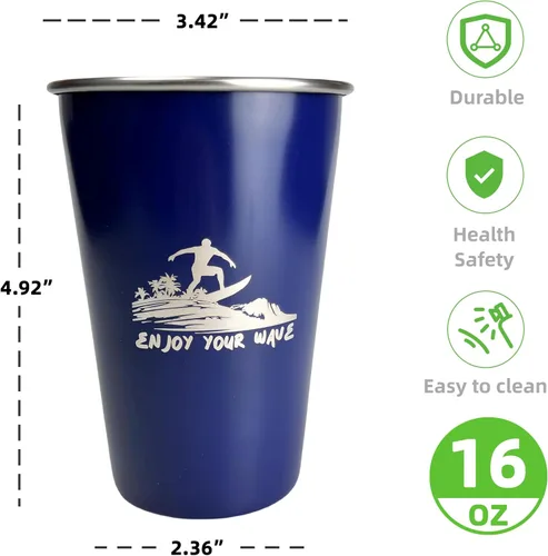 Vista 4 de Taza de camping de 16 onzas (paquete de 4) taza de acero inoxidable 18/8 para picnic al aire libre, senderismo, pesca, surf, fiesta, taza de metal