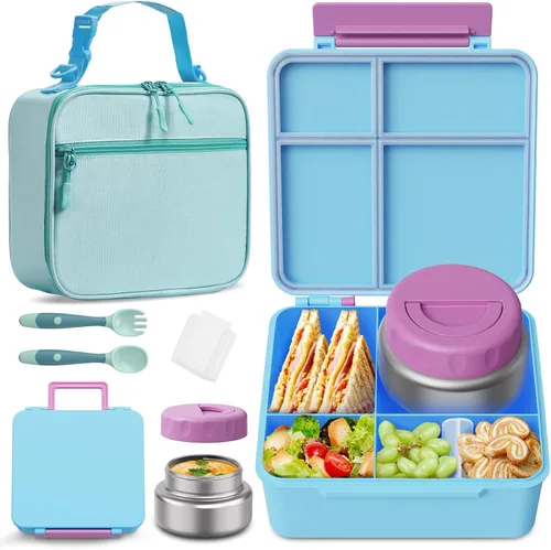 Vista 9 de Lonchera Bento para niños con contenedor térmico de alimentos (9 onzas), lonchera de 4 compartimentos, divisor ajustable, lonchera Bento a prueba