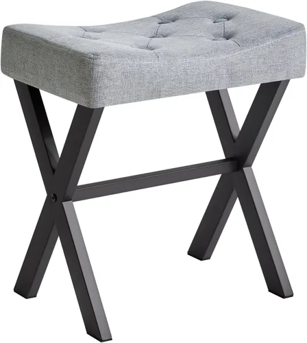 Vista 9 de IBUYKE Taburete de tocador de PU en forma de U, silla cuadrada de maquillaje con patas en X, taburete reposapiés otomano, multiusos como mesa Negro
