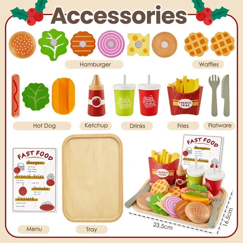 Vista 6 de Juego de Comida de Simulación para Cocina Infantil, Juego de Hamburguesas de Comida Rápida de Madera, Juguetes de Comida para Cocina de Simulación