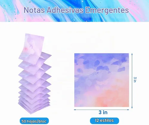 Vista 2 de 12 blocs de notas adhesivas desplegables, 3x3 lindas notas autoadhesivas de acuarela degradada, almohadillas de notas súper adhesivas multicolor