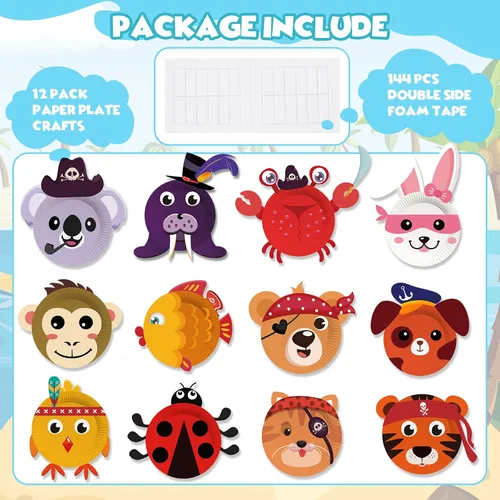 Vista 4 de V-Opitos Kits de artes y manualidades para niños, paquete de 12 manualidades de platos de papel, manualidades simples de animales para niños