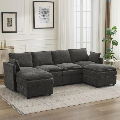 Vista 58 de Otomana cuadrada grande de 27 pulgadas con almacenamiento, reposapiés tapizado moderno con patas antideslizantes para sofá, mesa de café, sala