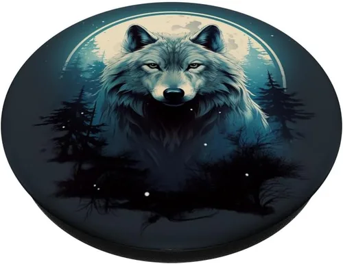 Vista 2 de lobo místico en el bosque en la luna llena PopSockets Standard PopGrip