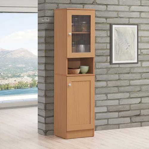 Vista 2 de Hodedah Estante abierto delgado de 63 pulgadas de alto más almacenamiento cerrado superior e inferior despensa de cocina, haya (HIK93 Beech)