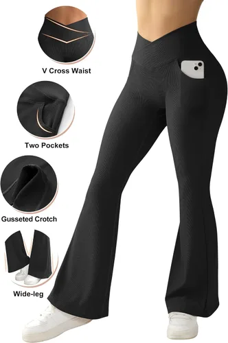 Vista 2 de RUUHEE Pantalones de yoga cruzados acanalados para mujer con bolsillos, cintura alta, acampanados, leggings acampanados