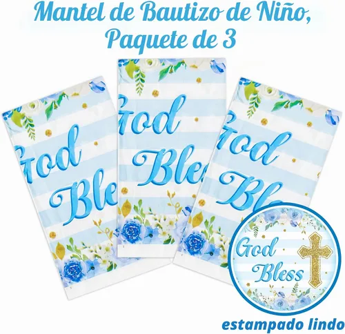 Vista 3 de Paquete de 3 manteles azules para fiesta de bautismo para bebé, decoración con temática de flores, desechables, de plástico, impermeables