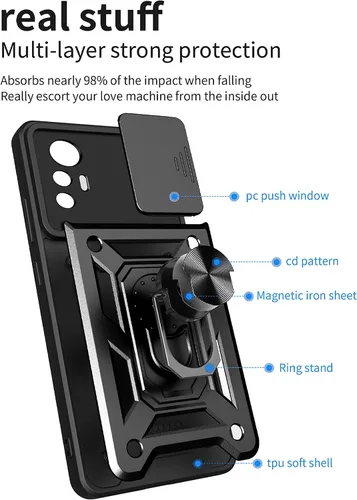 Vista 8 de Funda de teléfono celular para Xiaomi Redmi Note 12S, protección resistente con cubierta deslizante para cámara, soporte giratorio de metal de 360°