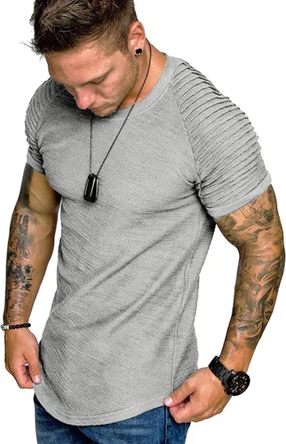 Vista 24 de COOFANDY Camiseta Muscular para Hombre de Manga Raglán Plisada Camiseta de Culturismo para Gimnasio Manga Corta Camisas de Entrenamiento de Moda
