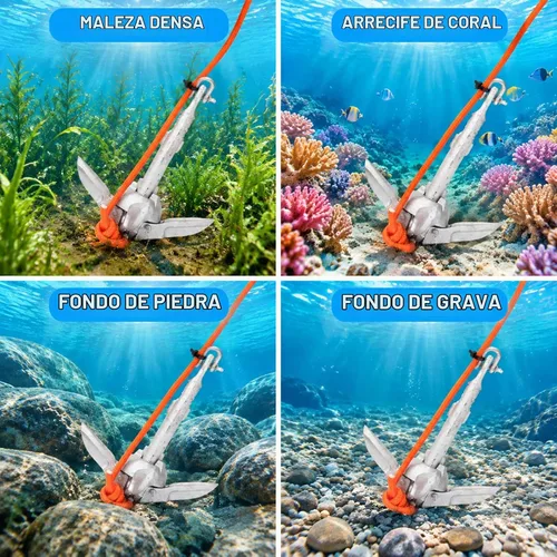 Vista 5 de BeGrit Ancla de kayak Anclaje de barco pequeño Anclaje marino plegable para pesca, kayak, tabla de remo, canoa, moto acuática, con bolsa de 1.5 lbs