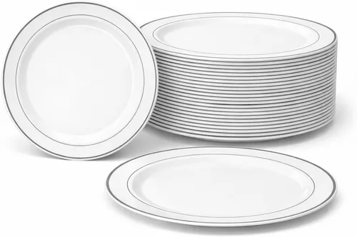 Vista 10 de Vajilla Occasions, 40 piezas, plateado, bajoplato, lonchera y cuencos, platos, Vajilla, A1. Color blanco con borde plateado.