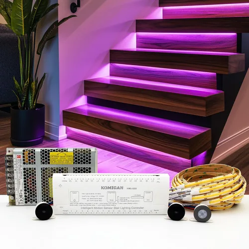 Vista 13 de Kit de iluminación LED para escaleras con sensor de movimiento inteligente KMG-3233, tira de luz LED cortable de 40" para luces de escalera LED