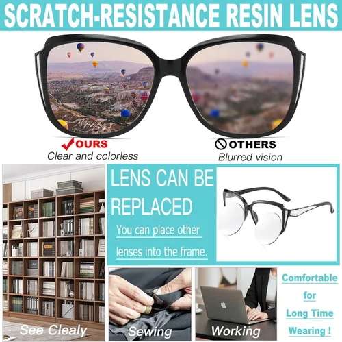 Vista 5 de Oversized Reading Glasses Cat-eye Full Frame Sun Readers for Women Black and Tortoise,Stylish Large Frame,Shiny Diamond Decors,Gray Sunglasses