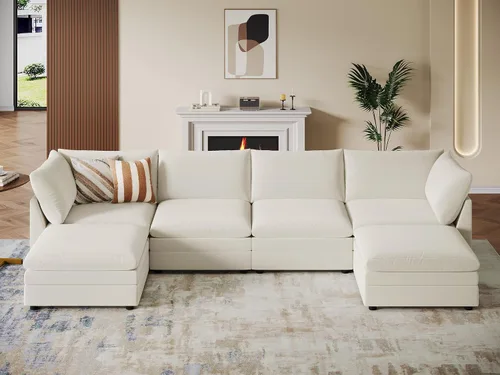 Vista 29 de VANOMi Sofá modular modular en forma de L de 98 pulgadas con otomana Beige