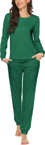 Vista 9 de Ekouaer - Conjunto de pijama de manga larga para mujer, ropa de dormir suave con cuello redondo y bolsillos, conjuntos de ropa de descanso Negro