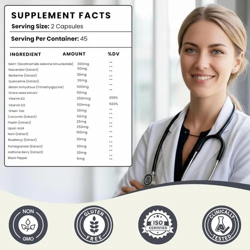 Vista 10 de Suplemento NAD+ 18 en 1 con resveratrol berberina quercetina fisetina ácido lipoico curcumina Vitamina D3 K2 para energía celular Apoyo