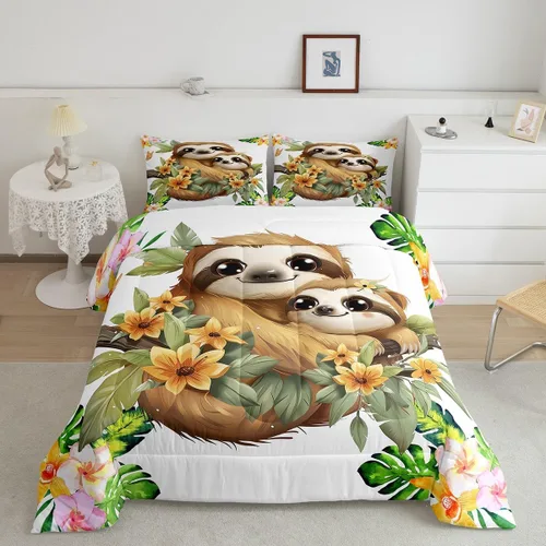 Vista 13 de Erosebridal Juego de edredón de perezoso tamaño individual, bonito edredón de plumón de perezoso en árbol para niños y niñas, juego de ropa de cama
