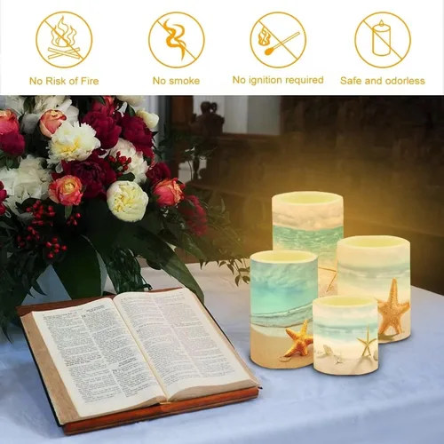 Vista 4 de Velas LED parpadeantes operadas por batería, juego de 4 con control remoto y temporizador, velas de llama danzante, velas de pilar para mesa, Playa