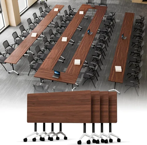 Vista 23 de Mesa de conferencias plegable, mesa modular moderna para sala de conferencias con ruedas para 8-16 personas, mesas de entrenamiento plegables