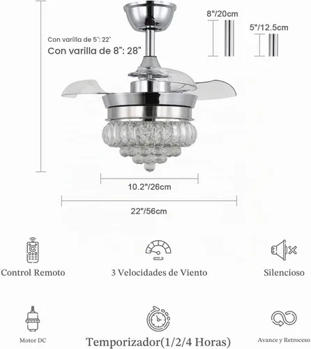 Vista 7 de Ventilador de techo LED de cristal de 22 pulgadas con luz, lámparas pequeñas regulables de 6 velocidades con temporizador, ventilador Chandeleir
