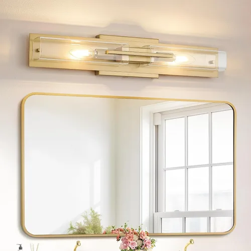 Vista 8 de VitaLink Lámpara de tocador dorada, 24 pulgadas, moderna lámpara de pared de baño sobre espejo de tocador, 2 luces cableadas de vidrio blanco
