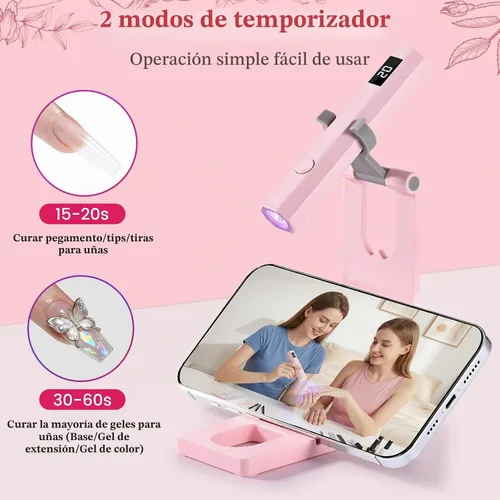Vista 3 de Luz de uñas UV de mano con soporte, mini lámpara de uñas de mano con pantalla LED, lámpara de uñas recargable de curación flash, ajustes de Rosa