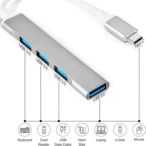 Vista 2 de QAJOPFN 4 puertos USB C a USB Hub, adaptador de aluminio tipo C a USB A 3.0, extensor USB Plug and Play para MacBook Pro/Air, laptop, teclado y mouse