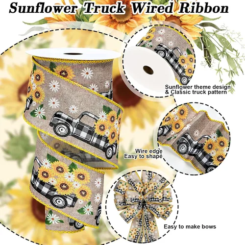 Vista 3 de Whaline Cinta vintage con borde de alambre para camión de girasol, para primavera y verano, diseño floral de búfalo a cuadros, cinta de envoltura