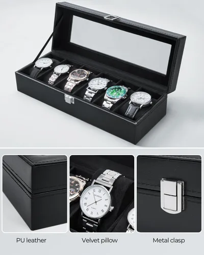 Vista 4 de Ohuhu Fundas de reloj para hombres, caja de reloj de piel sintética con 6 ranuras, tapa de cristal real, organizador de joyas, almacenamiento