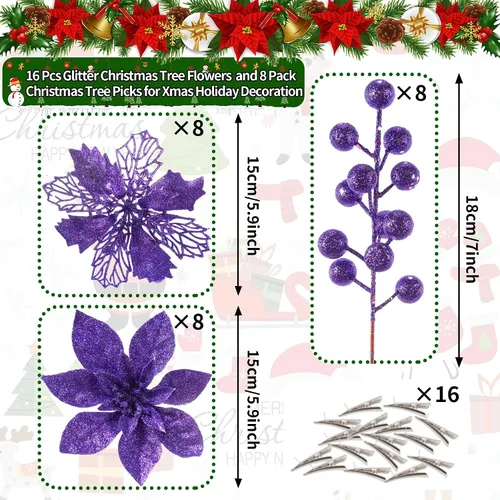 Vista 2 de 24 adornos de árbol de Navidad de flor de pascua con purpurina púrpura y tallos de bayas con purpurina, 16 flores artificiales de Navidad y 8 piezas