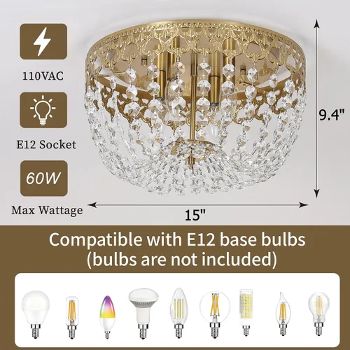 Vista 3 de Maxax Lámpara de techo de latón de cristal de 15 pulgadas, candelabro empotrado vintage de granja de 4 luces, lámpara de techo de imperio francés