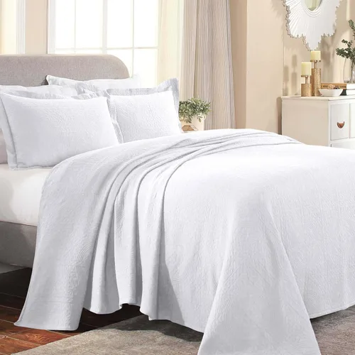Vista 8 de Superior Fleur De Lis - Juego de colcha de algodón de 3 piezas, decoración de cama para el hogar, colcha decorativa con textura, 2 fundas de Blanco