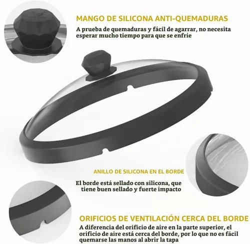 Vista 2 de Tapa de microondas de vidrio con protección contra salpicaduras con mangos de silicona anti-quemaduras y borde ventilado para cubrir ollas y platos