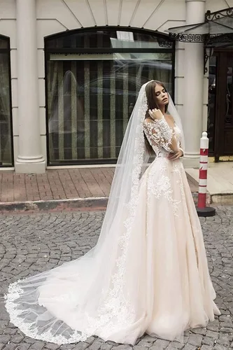 Vista 4 de Vestidos de novia de encaje para novia apliques de tul vestido de baile de manga larga vestido de novia de satén vestido de novia de sirena de noche