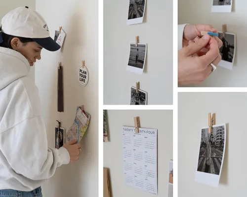 Vista 3 de Paquete de 100 mini clips autoadhesivos para imágenes - Clips de madera para fotos para pared, portafotos para tablero de exhibición colgante