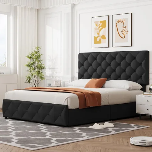 Vista 7 de IDEALHOUSE - Base de cama tamaño matrimonial con 4 cajones de almacenamiento y cabecera ajustable, camas con plataforma tapizada en lino, botones