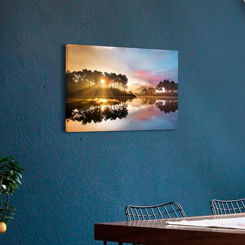 Vista 5 de SD SOFT DANCE - Lienzo de pared con paisaje del lago natural: arte de la naturaleza con escena de atardecer, bosque y montañas, pintura panorámica