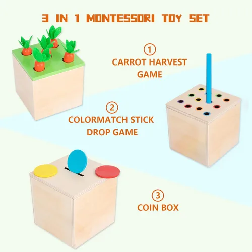 Vista 2 de Juguetes Montessori de madera para regalos de bebé de 1, 2 y 3 años, la caja del kit de juego incluye juegos de cosecha de zanahorias, caja