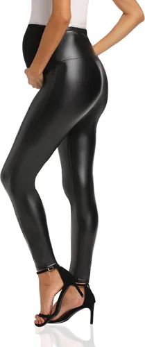 Vista 2 de Foucome Leggings de maternidad de piel sintética de cintura alta, elásticos y cómodos, mallas sobre el vientre