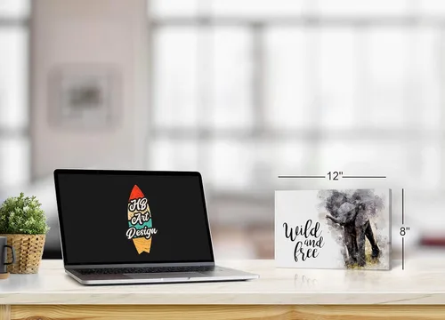 Vista 2 de Lienzo impreso con texto en inglés «Cute Baby Elephant» Wild and Free Quote - Pintura de acuarela con fondo blanco, arte de pared de animales