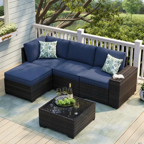 Vista 17 de JOYURE Juego de muebles de patio de 5 piezas, sofá de exterior con cojines impermeables, sofá de patio en forma de L de ratán y mesa auxiliar Gris