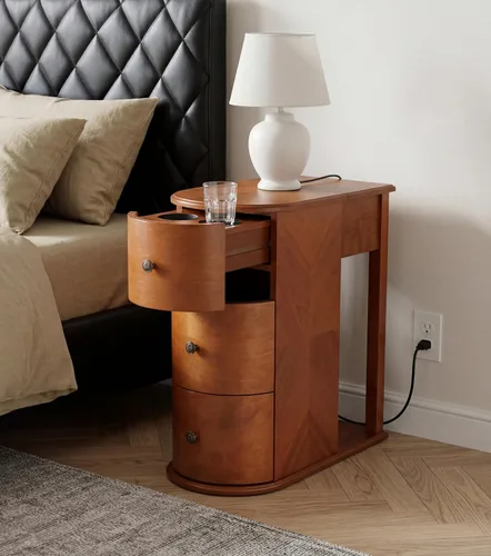 Vista 10 de Henf Wooden Narrow Side Table w/Charging Station&Hidden Cup Holders,Black Black-3 Drawers